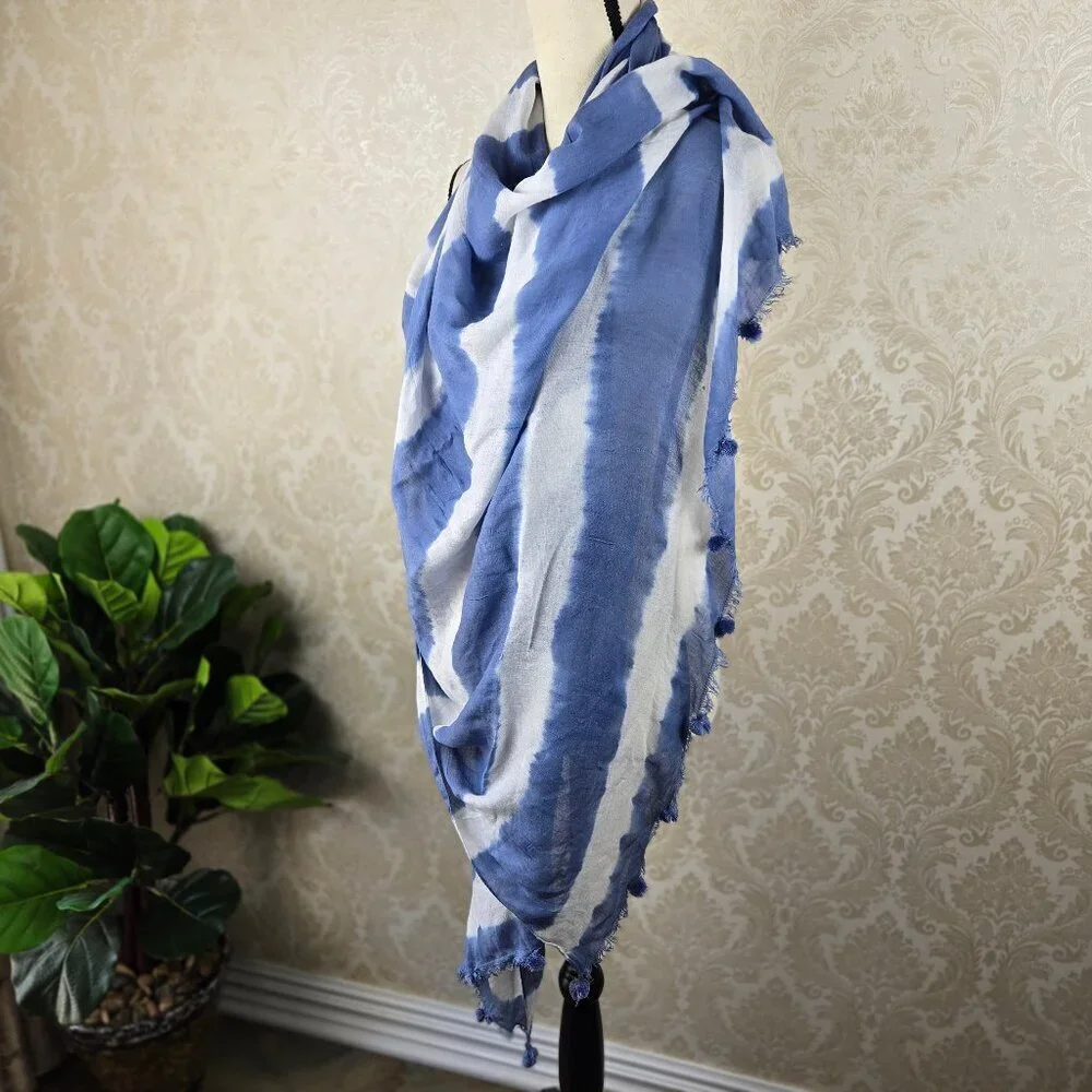 Mud Pie Oblong Blue White Tie Dye Scarf Pompom Fringed Ends